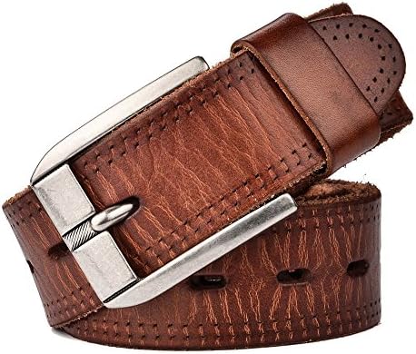 RADYMAN Washed Leather Men's Pin Buckle Belt Vintage Luxury Men's Full Grain (Waist 20-46", Wine Red)