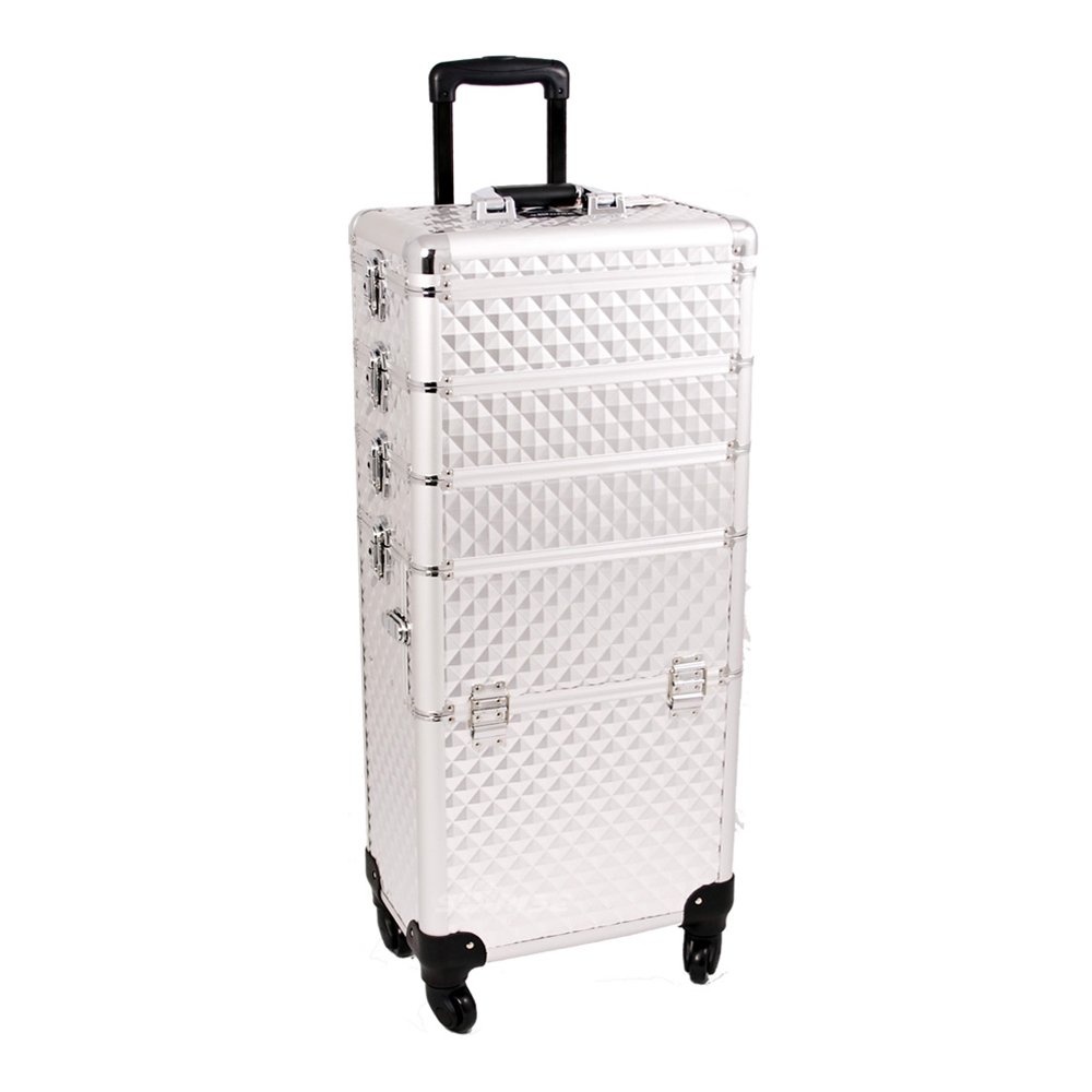 Sunrise I3361 Diamond Silver 4-Wheels Professional Rolling Aluminum Cosmetic Makeup Craft Storage Organizer Case and Stackable Trays with Dividers