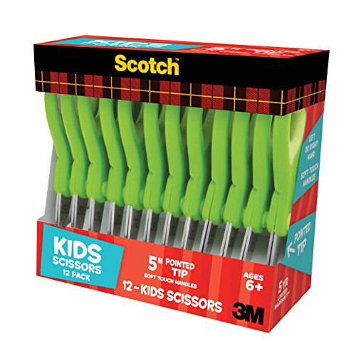 Scotch 5-Inch Soft Touch Pointed Kid Scissors, 12 Count Teacher Pack, Green (1442P-12)