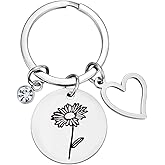 Reizteko Birth Flower Dainty Hand Stamped Flower with Heart Charm & Birthday Stone keychain Birthday Gift Mother's Day Gift