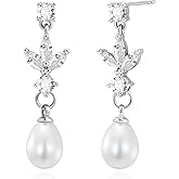 Watforsh Silver Pearl Dangle Earrings for Women with Leaf Shaped Cubic Zirconia Drop Teardrop Pearl Statement Earrings for Wedding Brides