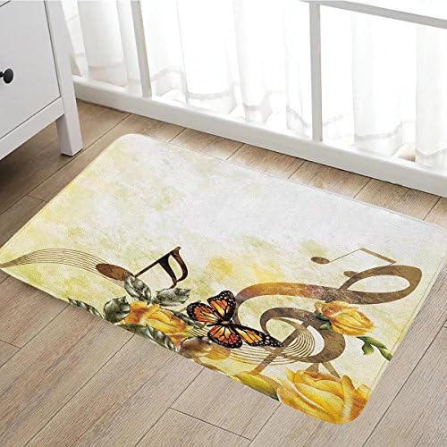 Music door mat outside Music Roses Romantic Antiquity Victorian Classic Bridal Floral Illustration Bathroom Mat for tub Non Slip16"x24" Sepia Gold Yellow