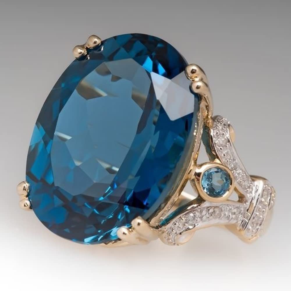 Photo 1 of Koguxuix 18k Gold Peacock Blue Topaz Oval Diamond CZ Crystal Gemstone Ring Aquamarine Gemstone Wedding Bridal Band Ring for Women (8)