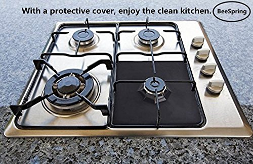 Gas Range Protectors, BeeSpring 4 Pcs Reusable Stovetop Protectors Non-Stick Cushion Stovetop Burner Protector Liner Cover Oil Proof, Anti Fouling Resistant Gas Hob Liner - Black color - Thumbnail 2