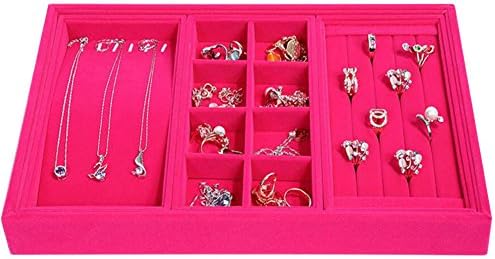 Glitterymall Hot Pink Velvet Jewelry Organizer Gift Box Drawer Inserts 4 In One Stackable Display Tray Holder Showcase Storage Compartments for Necklaces Earrings Rings
