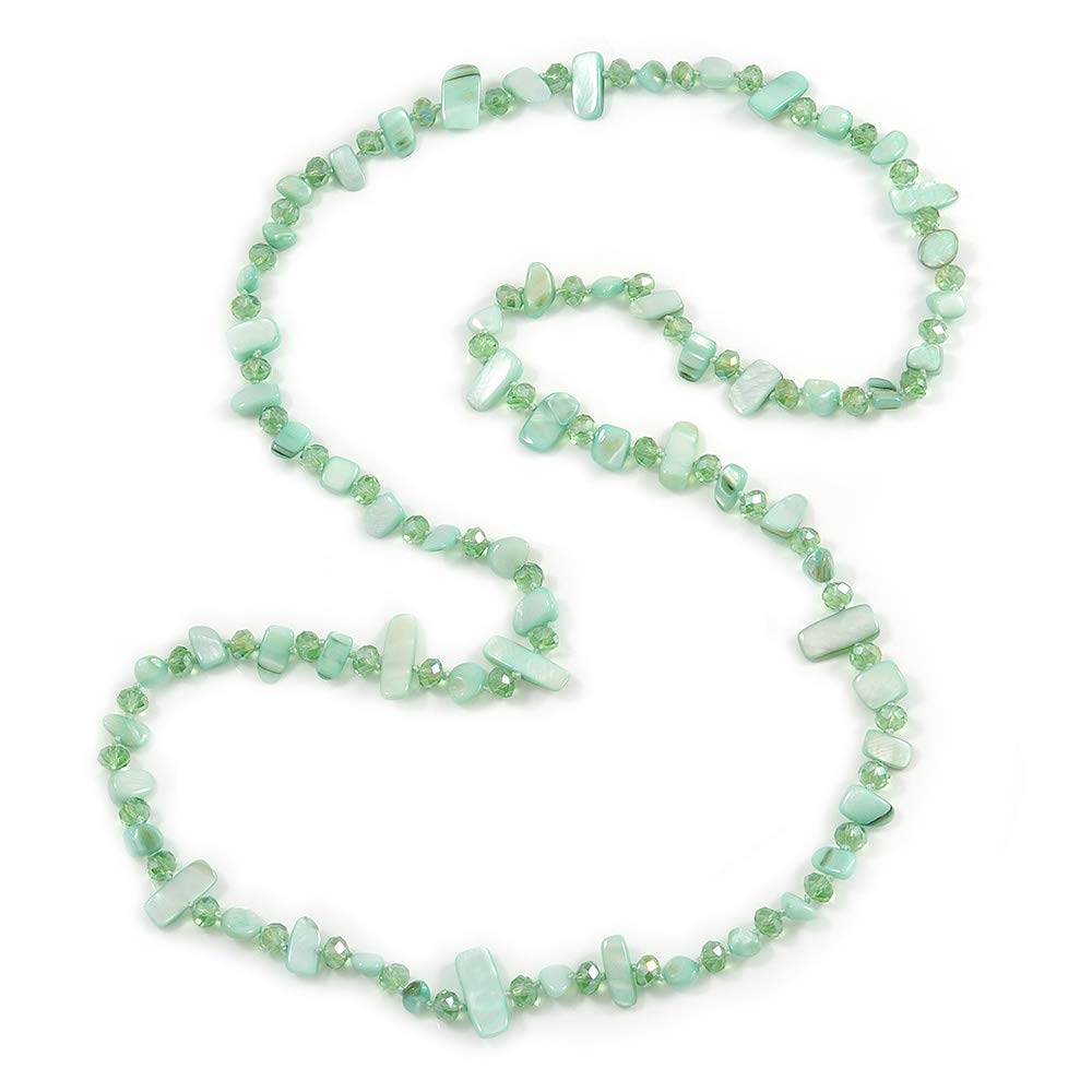 Avalaya Pastel Green/Mint Shell/Green Glass Crystal Bead Long Necklace/110cm L