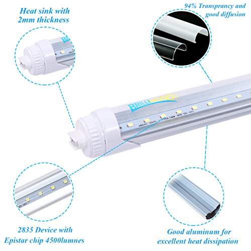 Brillihood R17D LED 8FT Tube Light Bulbs, 40W (90W Equivalent), 4500LM, 6000K (Bright White) T8/T12 8FT LED Bulbs for Fluorescent Fixtures, Dual-Ended Power, (10-Pack) - Thumbnail 2
