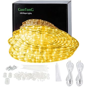 GuoTonG 50ft/15m Plug in LED Rope Lights, 540 Warm White LEDs, 110V, 2 Wire, Waterproof, Connectable,Power Socket Connector Fuse Holder, Indoor/Outdoor Use, Ideal for Backyards, Decorative Lighting