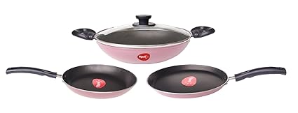 Pigeon Basics Aluminium Nonstick Cookware Set, Set of 3 (with one lid), Pink