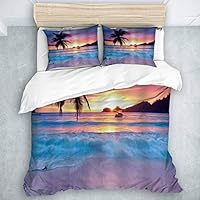 SUHOM Duvet Cover Set, Beach Ocean Sunrise Tropical Palm Tree Island Hawaiian Sunset Sea Waves Summer,Decorative 3 Piece Bedding Set with 2 Pillow Shams Queen Size