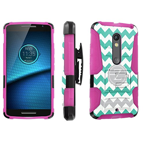 [SkinGuardz] Case for Motorola Droid Maxx 2 / Moto X Play [Heavy Duty Ultra Armor Tough Case with Holster] - [Mint Chevron Z Monogram]