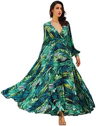 R.Vivimos Women's Chiffon Print V Neck Long Sleeve Tie Waist Casual Boho  Maxi Dresses, Green, M price in UAE | Amazon UAE | kanbkam