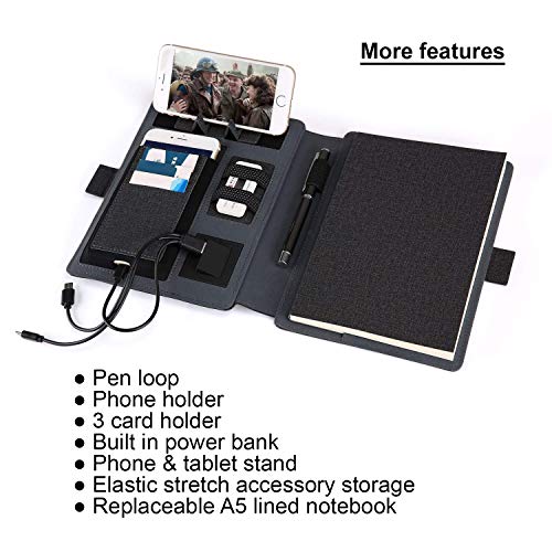 Phone Charging Business Padfolio with Qi Wireless Charger and USB Port, Travel Portfolio Organizer and Power Bank Battery, PU Leather and Lined Notebook Paper - Thumbnail 2