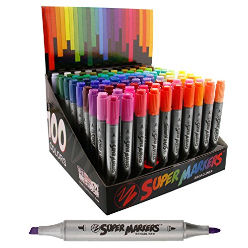 Super Markers Twin-Tip Broad-Liner Marker Set-100 Unique Colors-No Duplicates-Bold Bullet Point & Bold Chisel 