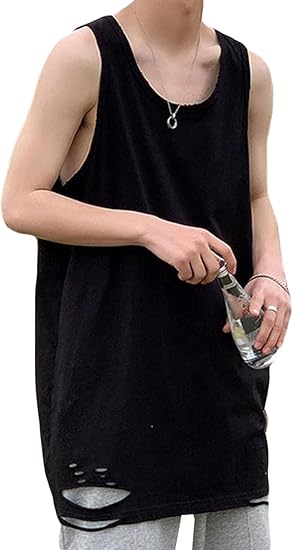 Amazon Bestmood タンクトップ メンズ トレーニング ノースリーブ Tシャツ ダメージ加工 韓国 ファッション 夏服 カジュアル 袖なし インナー 無地 黒 タンクトップ 通販