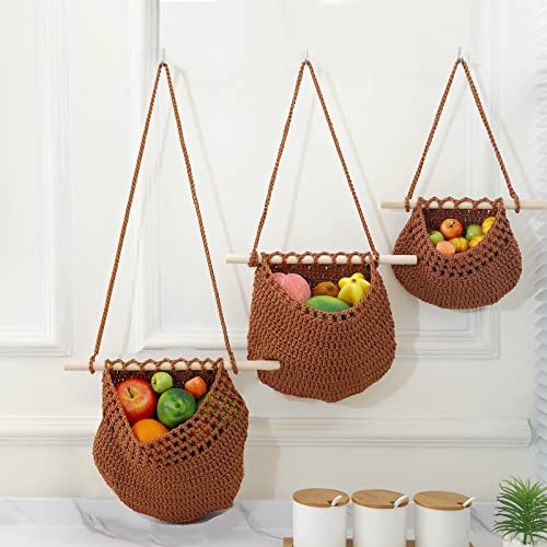 Hanging Kitchen Storage Basket, Brown 3 Tier Wall Hanging Fruit Baskets Cotton Woven Pantry Organizer Vegetable Keeper Boho Home Decorative Planter Holder With 3 Hooks & 3 Adhesive Hooks