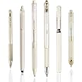 BAYTORY 5Pcs Gel Pens and 1Pc Highlighter, Quick Dry Ink Pen Fine Point Black 0.5mm, Aesthetic Retractable Rolling Ball Pen Smooth Writing for Journaling Notetaking (Beige)