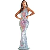 Giffniseti Women's One Shoulder Holographic Sequin Dresses Evening Gown Formal Prom Maxi Dress
