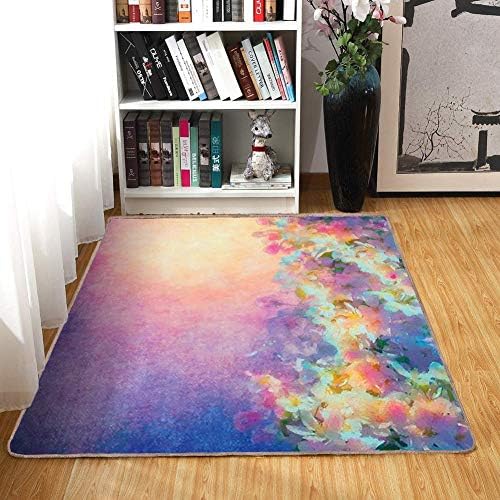 Rug,Floor Mat Rug,Purple,Area Rug,Watercolor Style Effect Spring Cherry Blossom Japanese Asian Nature Print,Home mat2'x3',Marigold and Purple,Rubber Non Slip,Indoor/Front Door/Kitchen and Living Room/