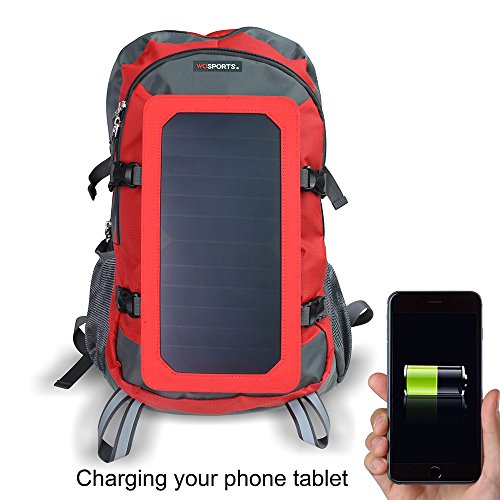 Wosports Solar Charger Backpack Waterproof with 7W Solar Panel Charger for Hiking Camping Travel(40L,Red/Grey)