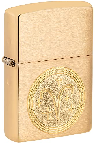 Zippo Windproof Lighter - Aries Emblem, Zodiac - Brushed Brass Finish - Refillable - Reusable - Windproof - Gift Box - Metal - Made in USA - Amazon Exclusive