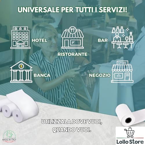 Thermal Paper Rolls 57 x 20 m – Pack of 10 Rolls – BPA Free, High Print Sensitivity – Tax Approved for Cash Registers, Bars and Tobacco – 12 mm Core – Made in Italy