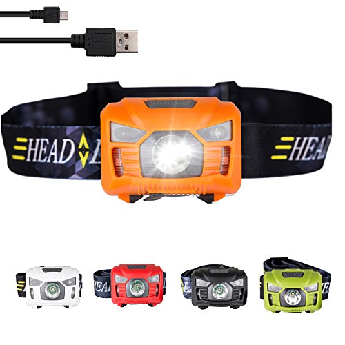 Three trees Sensor Brightest LED -With Red Light Rechargeable Headlamp Flashlight for Kids Men and Women ,Wate
