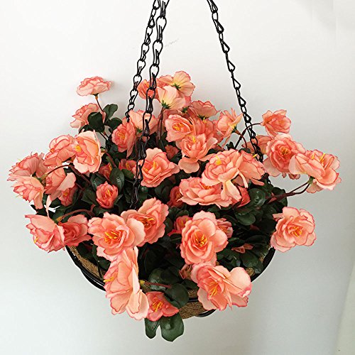 Lopkey Outdoor Artificial Red Azalea Bush Flower Patio Lawn Garden Hanging Basket with Chain Flowerpot,Orange - Thumbnail 2