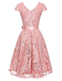 Bridesmay - Vestido corto para dama de honor con encaje floral bordado y mangas