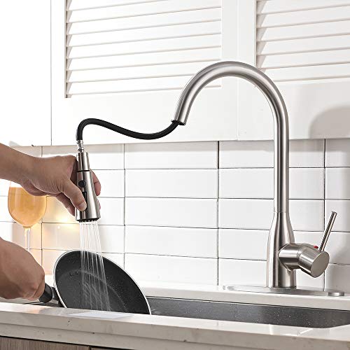 Ufaucet Modern Commercial Lead-free Solid Brass Single Lever Pause Botton Pull Out Sprayer Brushed Nickel Kitchen Faucet, Kitchen Sink Faucet With Deck Plate