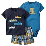 Carters Baby Boys 3 Piece Tee, Bodysuit & Shorts Set, Cars, 9 Months