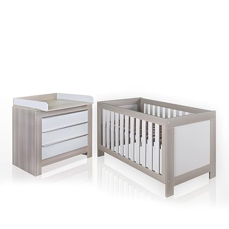 Felix Babyzimmer Wickelkommode Babybett Kleiderschrank Weiß oder Akaziengrau (Akaziengrau, Bett, Wickelkommode)