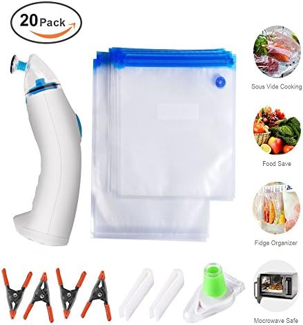 Nelipo Reusable Vacuum Sealed Bags - 20 BPA Food Vacuum Sealed Bags, with 1 Electric Pump, 2 Bag Sealing Clips and 4 Sous Vide Clips, Practical for Food Storage & Cooking