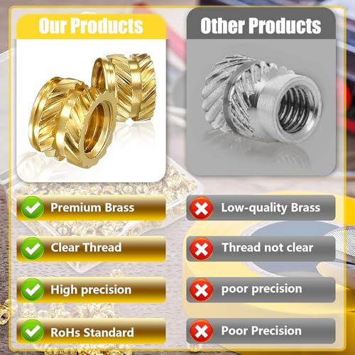KongJies Thread Knurled Nuts, M3Threaded Inserts, 100 Pcs Knurled Brass Nuts, 3D Printing Brass Nuts for Wood, Plastic, Metal, Sheet Metal