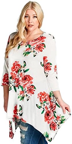Oddi Women's Floral Print Swing Tunic Top Boho Chic Plus Size (2X, Ivory / Red)