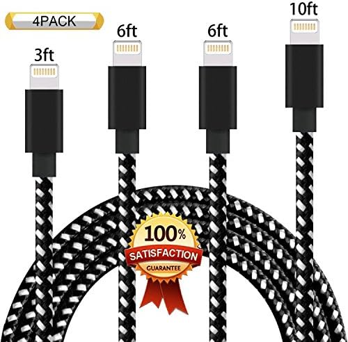 XIANDAN iPhone Cable 4Pack 3FT 6FT 6FT 10FT Nylon Braided Certified Lightning to USB iPhone Charger Cord for iPhone X 8 7 Plus 6S 6 SE 5S 5C 5, iPad 2 3 4 Mini Air Pro, iPod Nano 7 Black White