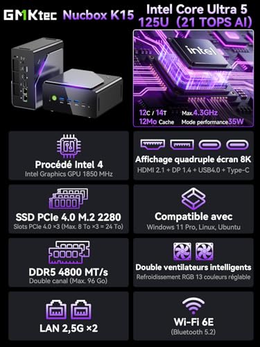 GMKtec K15 AI Mini PC Oculink with Intel Core Ultra 5 125U Processor, Barebones No RAM/SSD/OS, Desktop AI Boost, 3X M.2 2280 Storage Expansion, Dual NIC 2.5GbE, HDMI 2.1, USB4