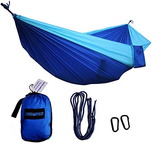 Single Parachute Hammocks By Xiyoyo - 441lb Capacity 108x55inch Ultralight Portable Multifunctional Nylon Camping Hammocks with Strapes, Climbing Buckles and Package Bag (Sky Blue/Royal Blue)