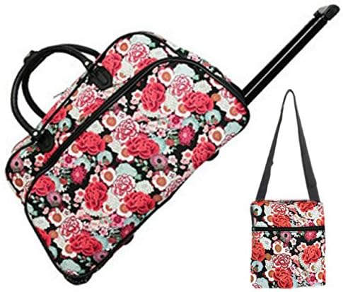 Red Rose Floral 21" Duffel Rolling Bag Set - Rolling Bag 1 9" Shoulder Messenger Bag