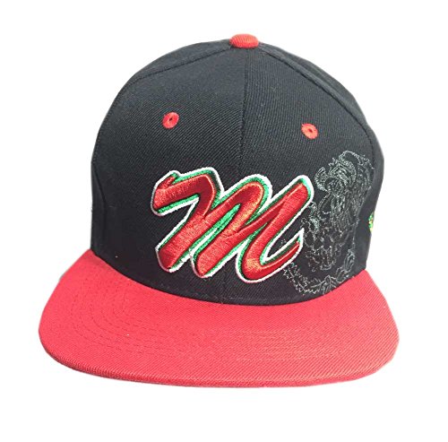 Aesthetinc Embroidery Mexico Flag Seal M Logo Design Flat Bill Baseball Cap Hat (Black Red)