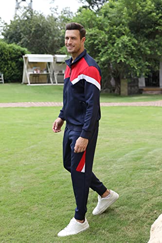 LUCKYOUNG Men’s Causal Tracksuits Set 2 Piece with Full Zip Jogging Running Sweatsuit Dark Blue Red Small