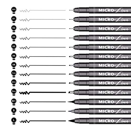 Micro line Pens, Bowite Black Fine Tip Writing Drawing Markers Pens, 13 Size, Fine Line Point Marker Pen Set for Illustration, Office, Sketch and more