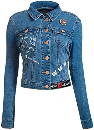 ASK 4 JEANS Women Crop Denim Jacket with printed patches (USA 6)