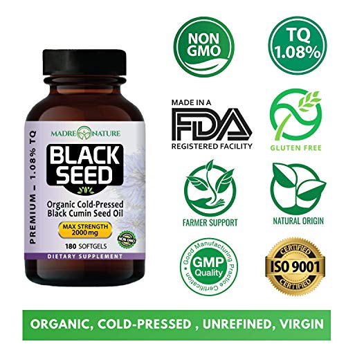 Organic Black Seed Oil 2000mg - 180 Softgel Capsules (Non-GMO) Premium Cold-Pressed Nigella Sativa - Black Cumin Seed Oil with Omega 3, 6, 9 - Darkest, Highest TQ Content