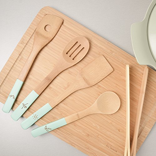 Organic 6 Piece Bamboo Cooking & Serving Utensils Set | Kitchen Accessories Kit In Colorful Utensil Holder | Spoon & Spatula & Salad Tong Mix | Space-Saving Wood Kitchen Gadgets Set | By laboos