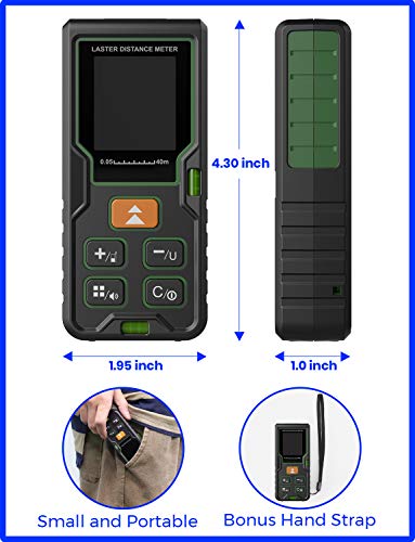 Laser Measure, EURPMASK Laser Measure 164Ft M/In/Ft Mute Laser Distance Meter with 2 Bubble Levels, Backlit LCD and Pythagorean, Measure Distance, Area and Volume - Carry Bag and Battery Included