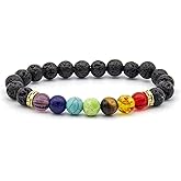 Lava Rock Chakra Bracelet 7 Chakra Real Stone Healing Crystal Bracelets 8mm Natural Stone,Bead Bracelet with Adjustable Braided Rope for Yoga Essential Oil Diffuser,Natural Stone Gifts for Women