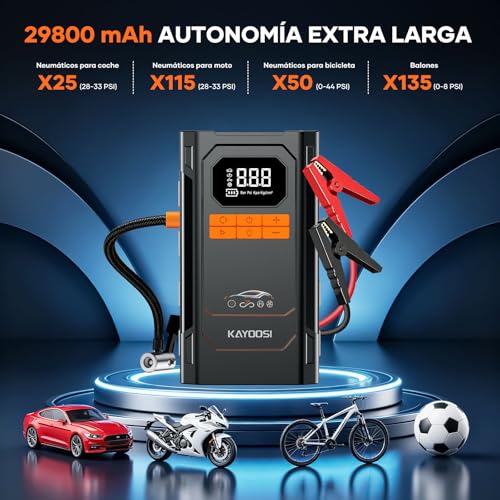 Kayoosi Arrancador de Batería de Auto Portátil 4000A, Compresor de Aire 150 PSI, 29800mAh, 10 en 1 Jumper para Carro 12V para 10L Diésel, para Autos, Motos, SUV, con Luz LED 600LM