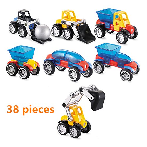 O-Toys 38pcs Car Magnet Toys Kids Building Blocks Truck Magnetic Toy 3D DIY Education Learning Construction Play Set Gift for Boys Toddlers Girls
