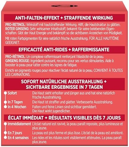 L'Oréal Paris Créme Rouge Tagespflege für Frauen: bekämpft sichtbare Anzeichen von Müdigkeit & strafft & mildert Falten mit rotem Giseng aus Soja-Proteinen & Hefe-Extrakt, Revitalift, 1x 50ml